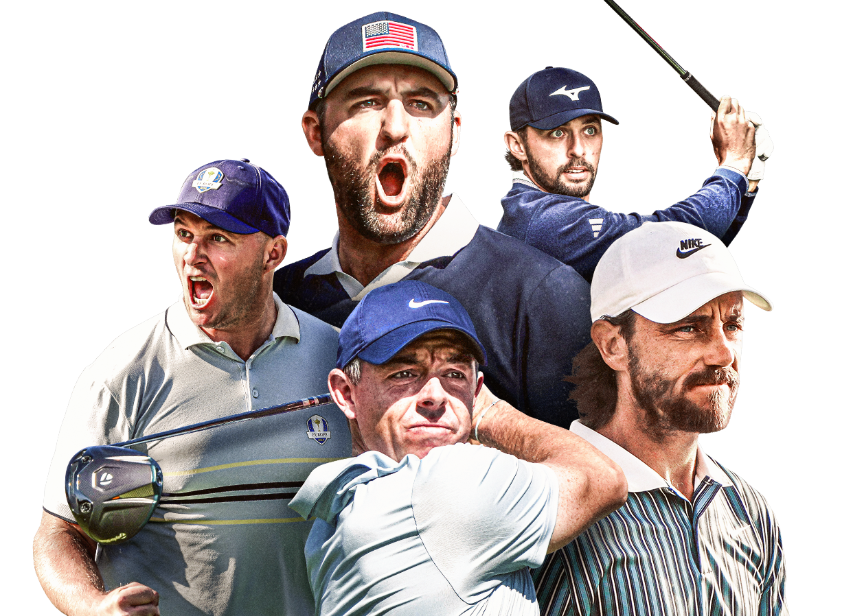 Werbegrafik mit verschiedenen Golfern der PGA und DP World Tour.